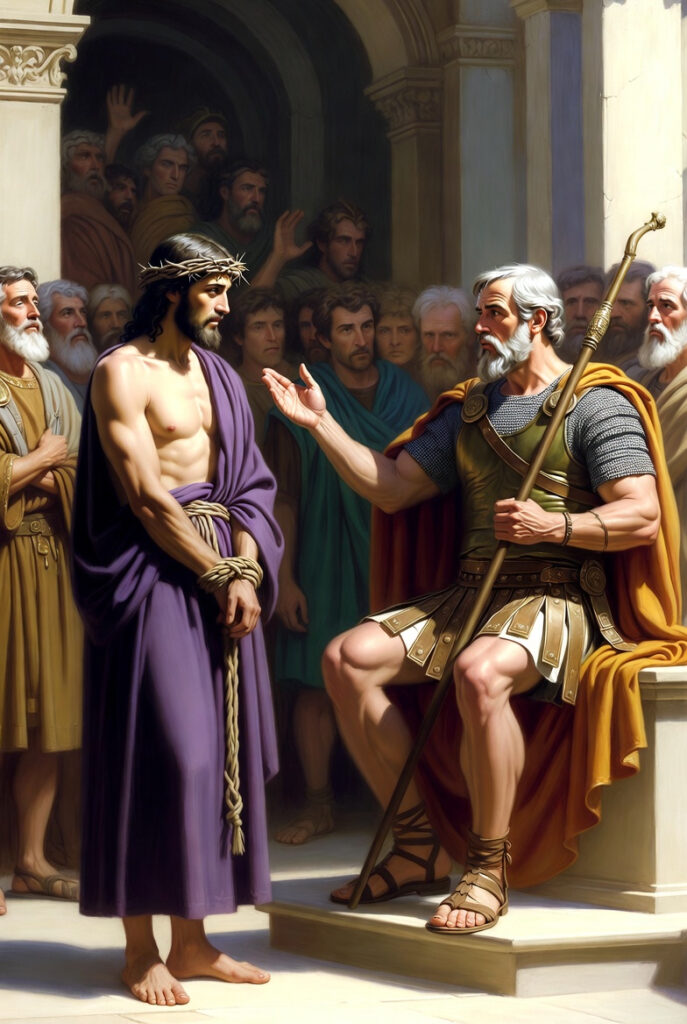 Jesus standing before Pontius Pilate being condemned to death