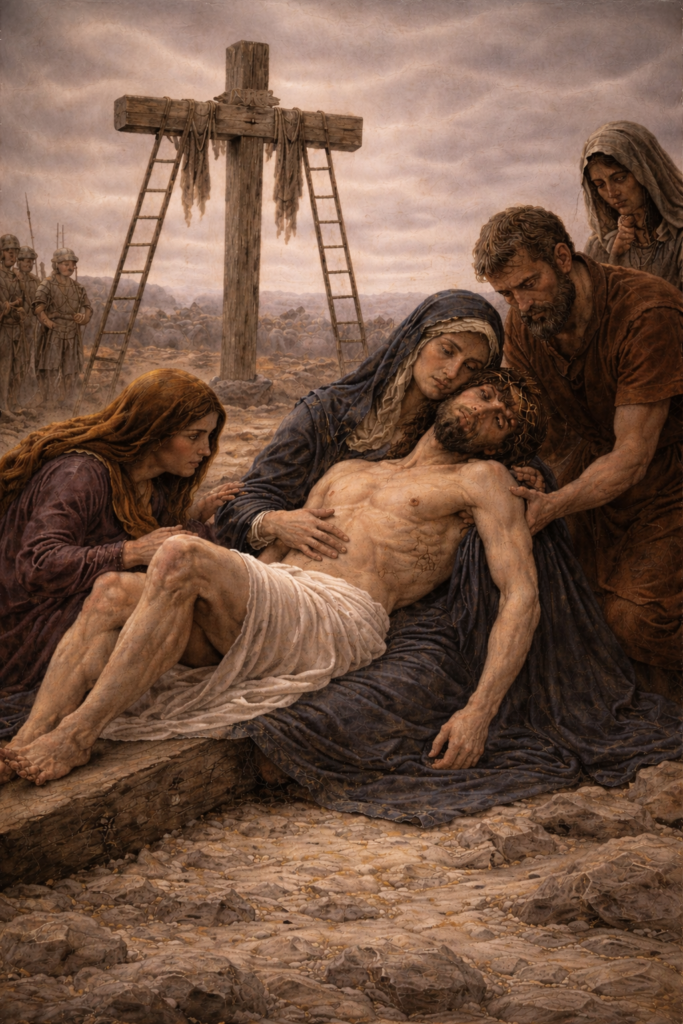 Jesus taken down from the Cross and placed in Mary’s arms