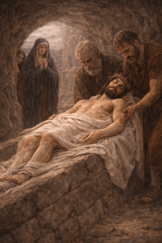 Jesus being laid in the tomb by His followers