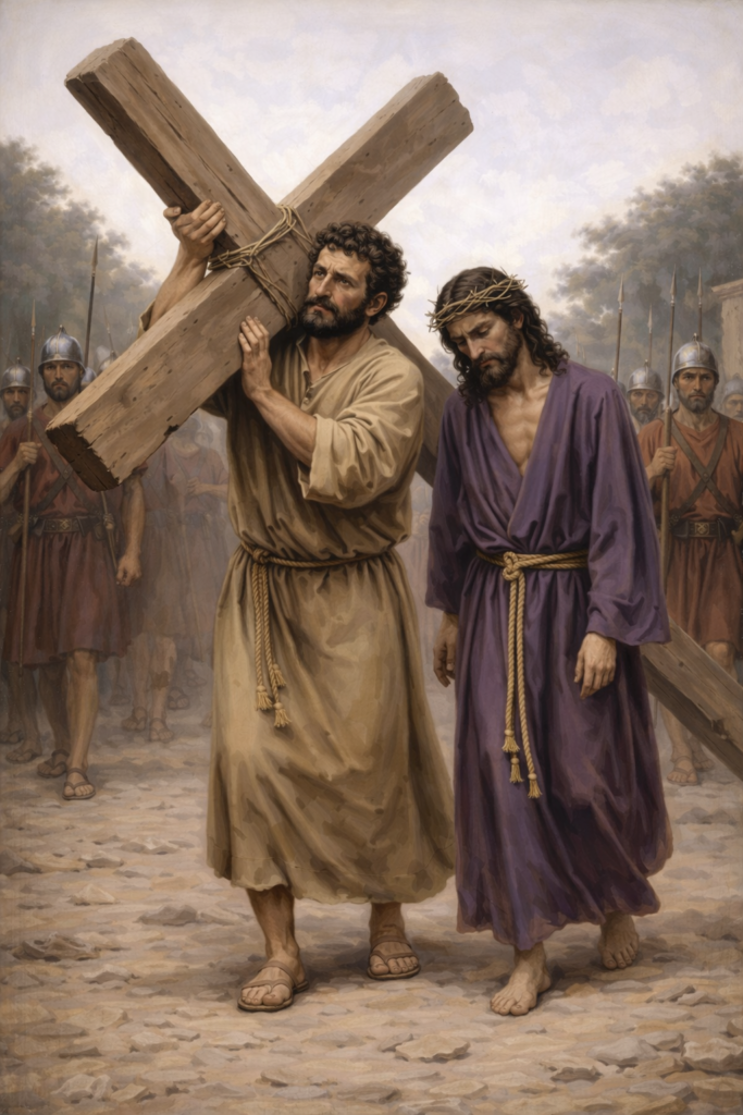 Simon of Cyrene helping Jesus carry the Cross