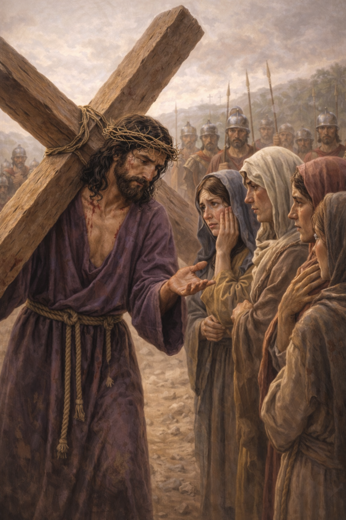 Jesus speaking to the women of Jerusalem on the road to Calvary