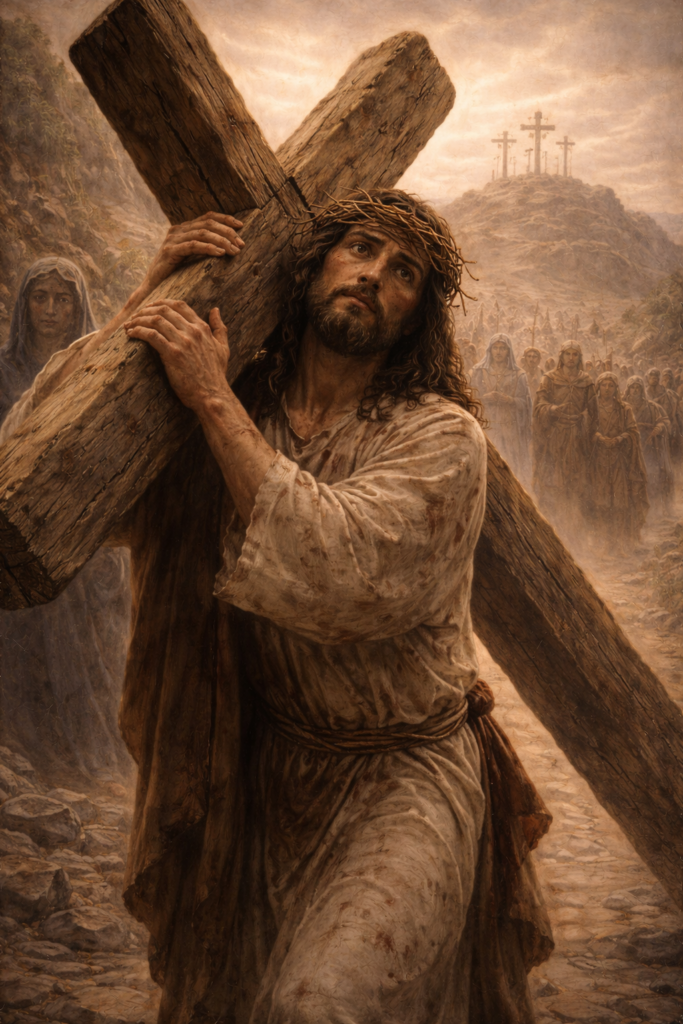 Jesus carrying the Cross on the road to Calvary during the Passion journey