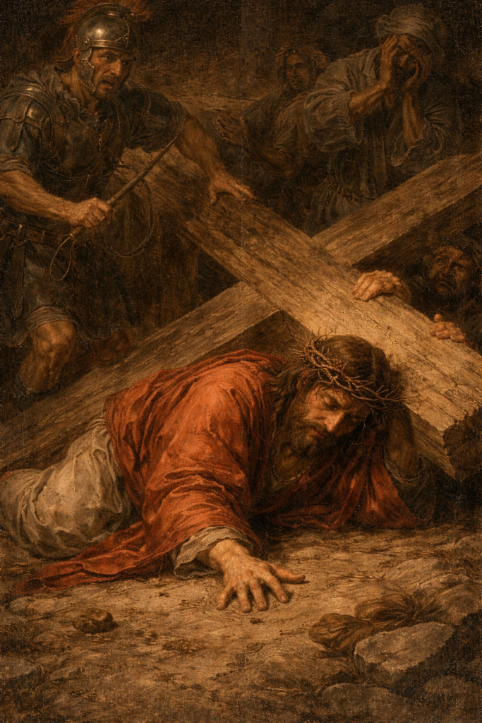 Jesus falling under the weight of the cross