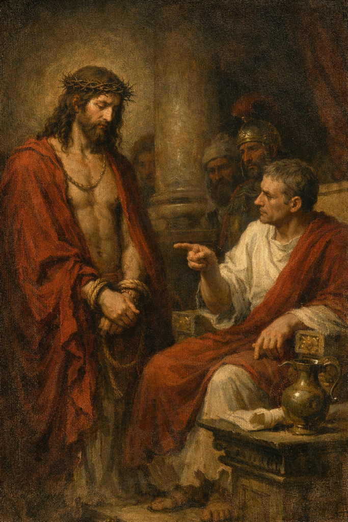 Jesus standing before Pilate being condemned to death