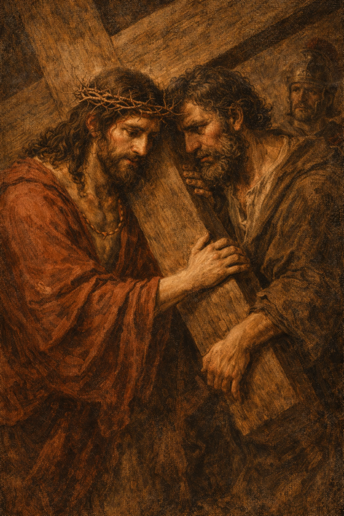 Simon of Cyrene helping Jesus carry the cross