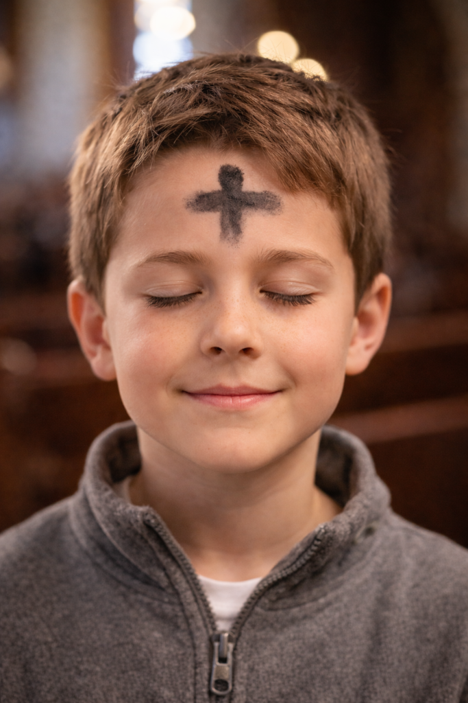 Ash Wednesday child with ash cross on forehead