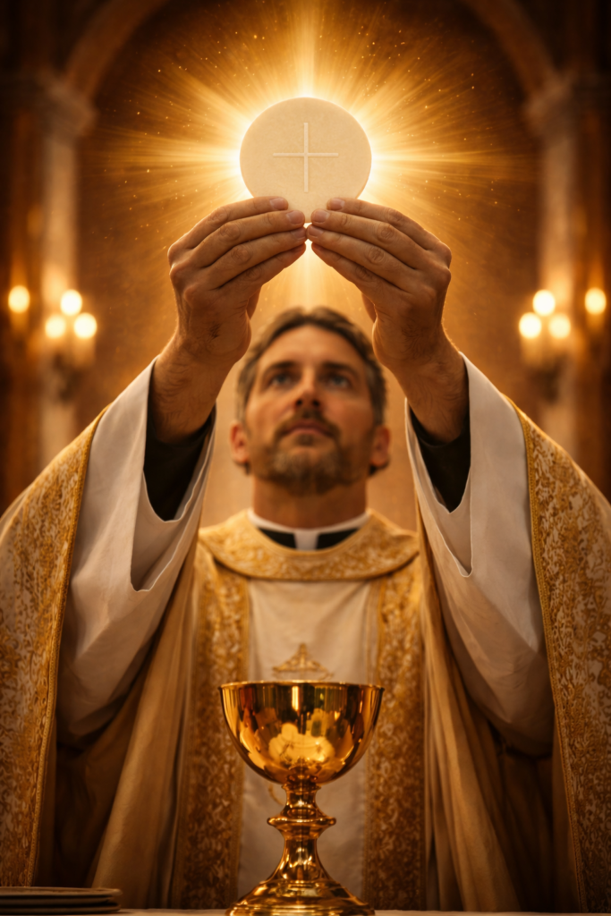 Catholic priest holding the Eucharistic host during consecration symbolizing transubstantiation