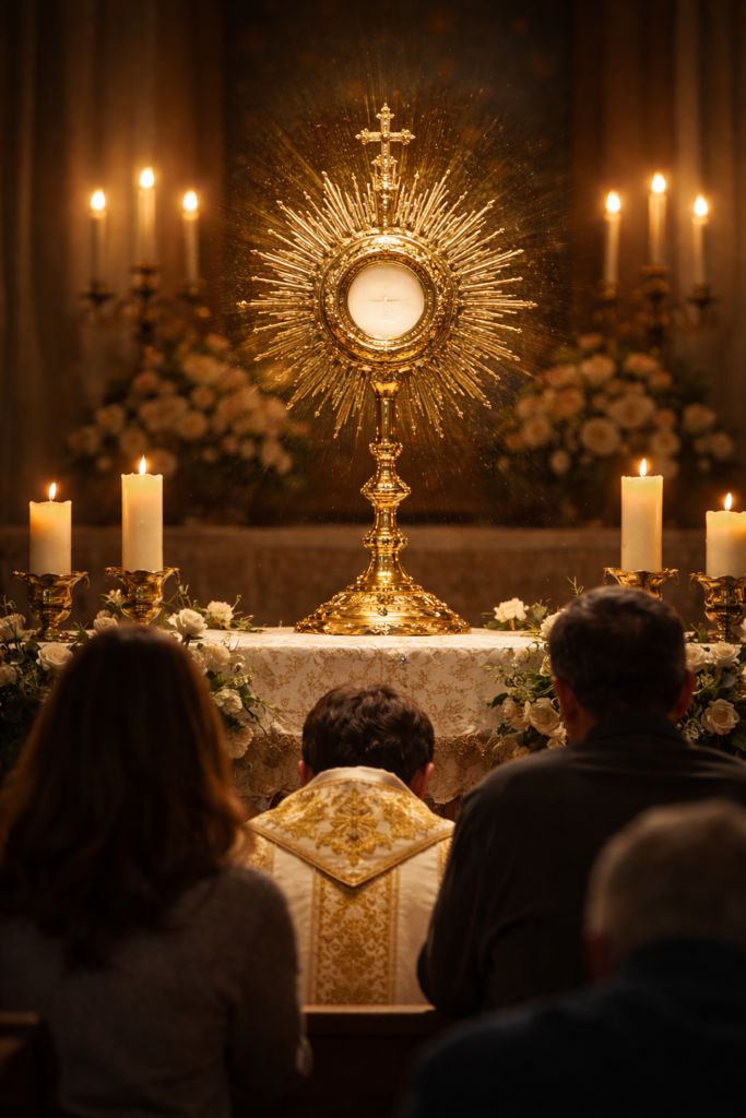 Catholics praying before the Blessed Sacrament during Eucharistic Adoration