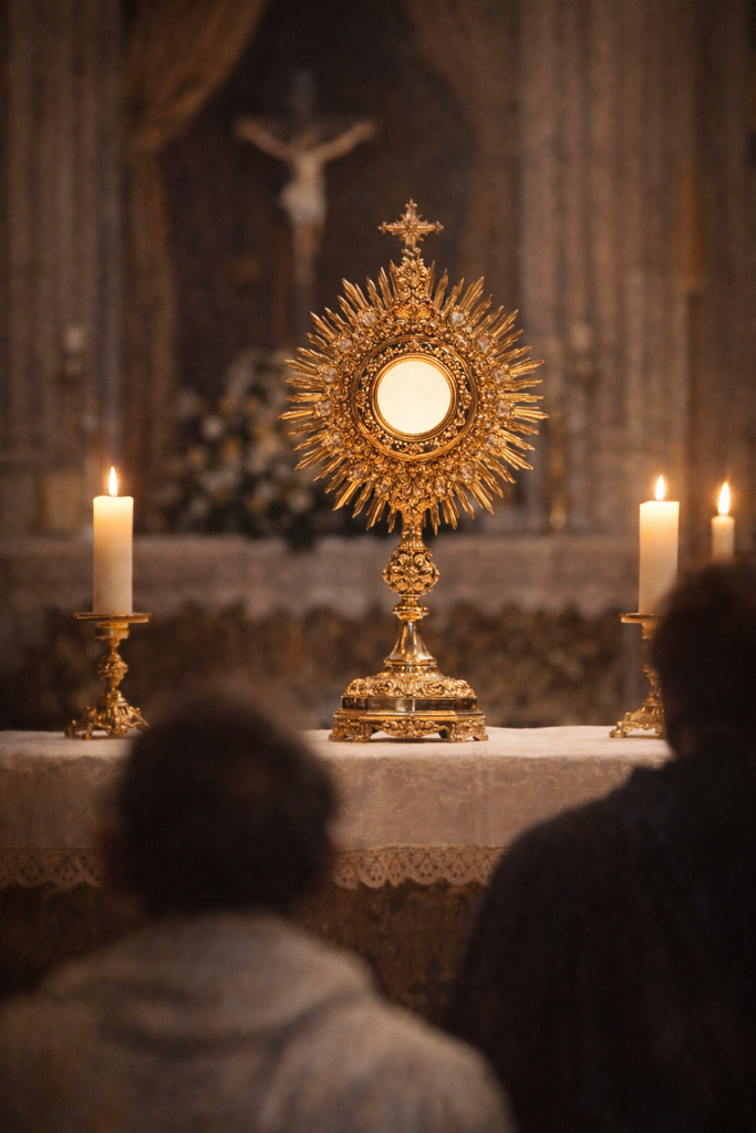 Monstrance displaying the Blessed Sacrament during Eucharistic Adoration in a Catholic church.