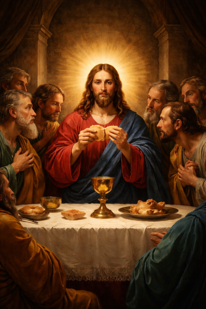 Jesus instituting the Eucharist at the Last Supper while breaking the bread