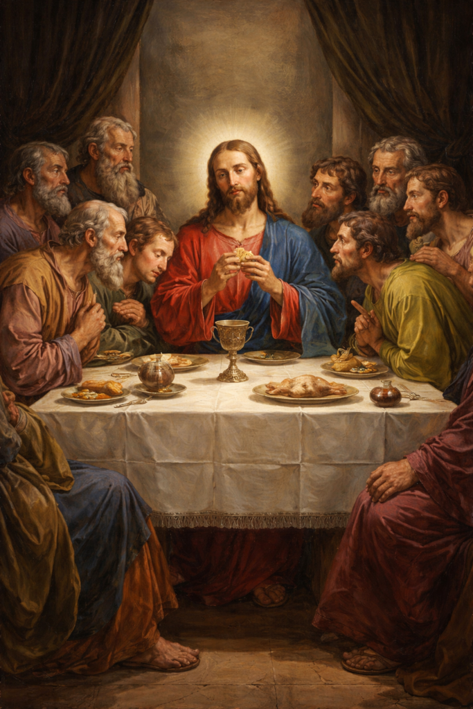 Jesus instituting the Eucharist at the Last Supper with His apostles.