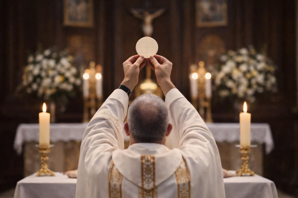 Catholic priest elevating the Holy Eucharist during Mass, expressing belief in the Real Presence of Christ.
