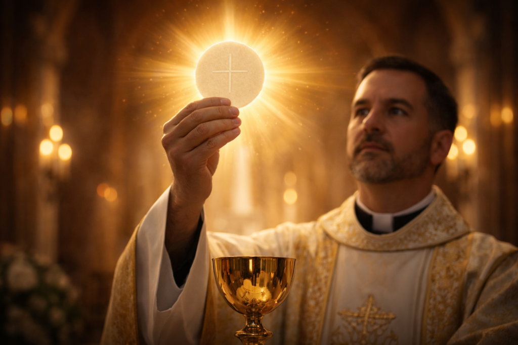 Catholic priest elevating the Eucharistic host during the consecration at Holy Mass