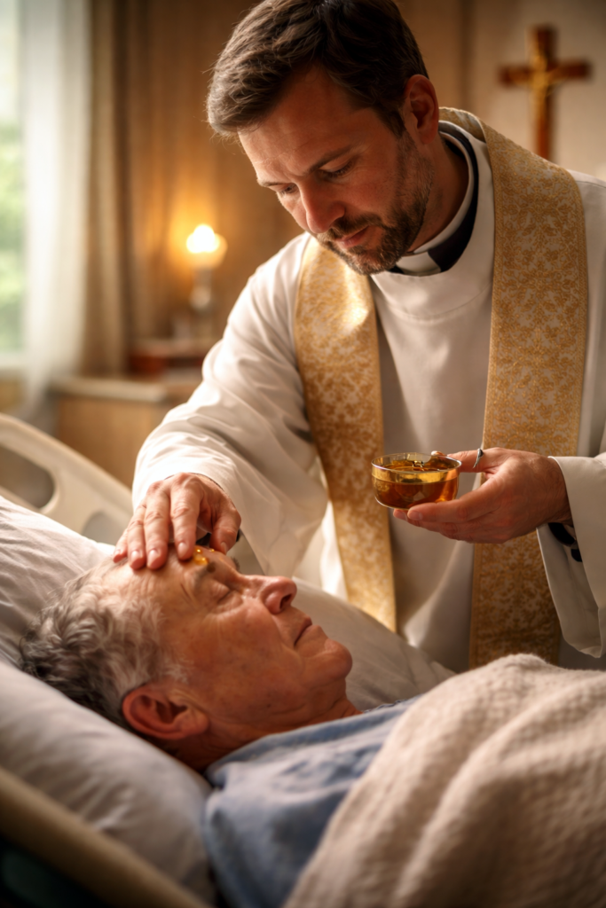Catholic priest anointing a sick person with holy oil during the Sacrament of the Anointing of the Sick