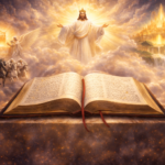 Symbolic vision of the Book of Revelation showing Jesus Christ in glory, the Four Horsemen, and the New Jerusalem above an open Bible