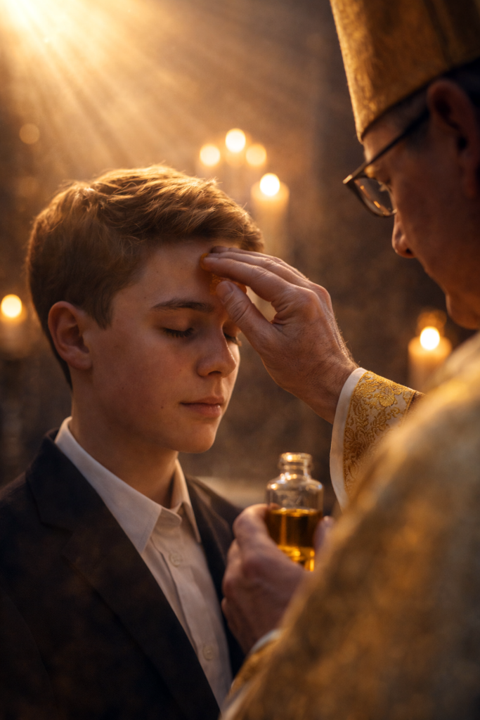 Bishop anointing a person with chrism oil during the Sacrament of Confirmation in the Catholic Church