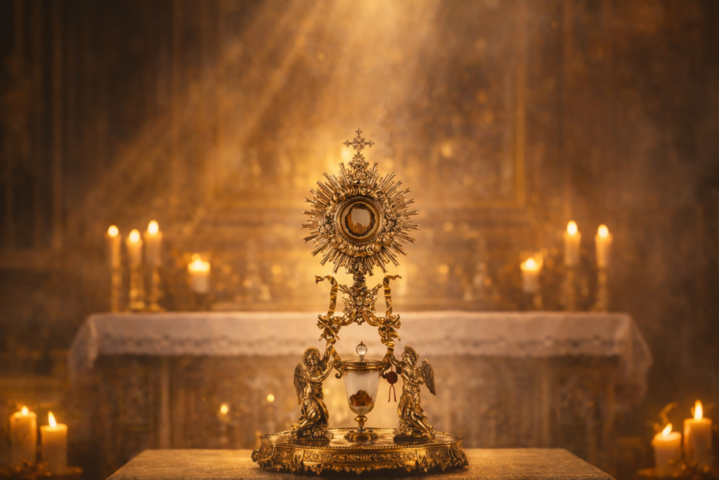 Monstrance displaying the relic of the Eucharistic Miracle of Lanciano in Italy inside a church altar.