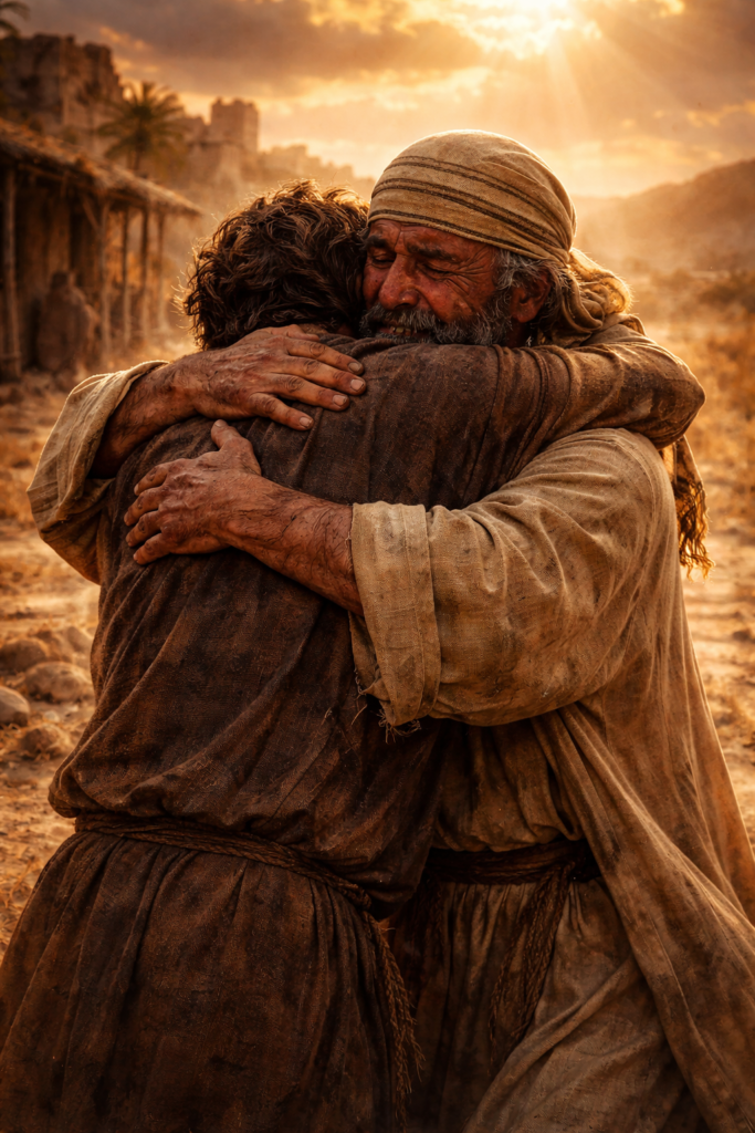 Father welcoming the prodigal son with compassion and forgiveness