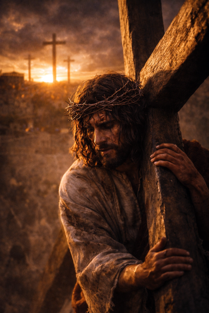 Jesus Christ carrying the cross with a crown of thorns during His Passion at sunset