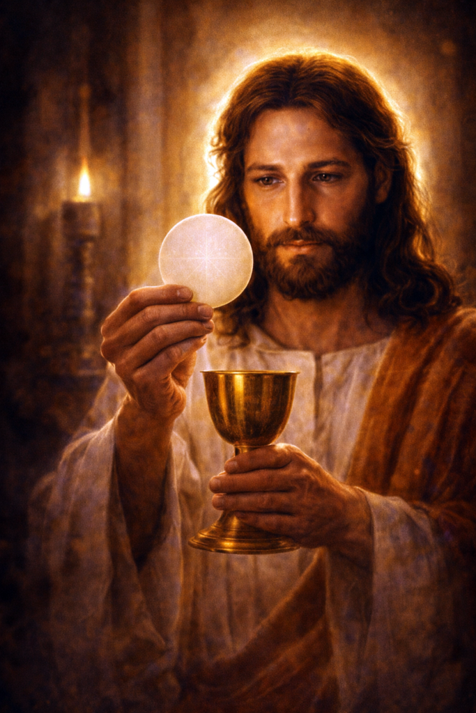 Jesus holding the Eucharistic host and chalice in warm golden light, symbolizing divine mercy and the real presence.