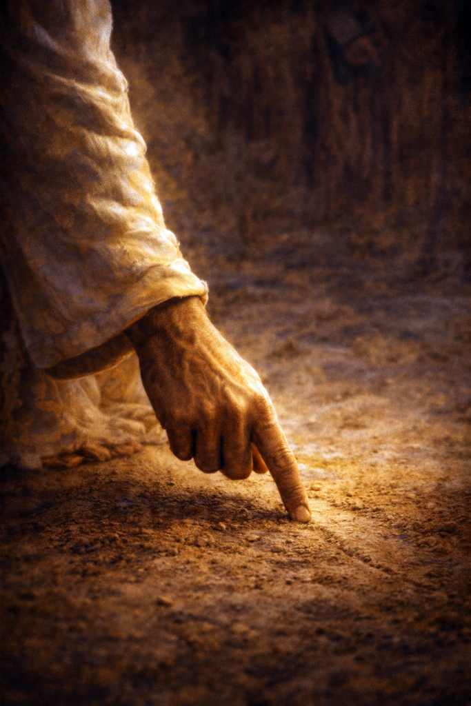 Close-up of Jesus’ hand writing on the ground in dust, representing forgiveness, mercy, and inner conversion.