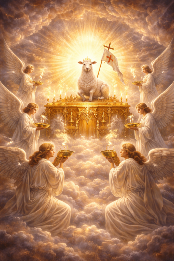The Lamb of God on a heavenly throne surrounded by angels offering incense in the vision of the Book of Revelation