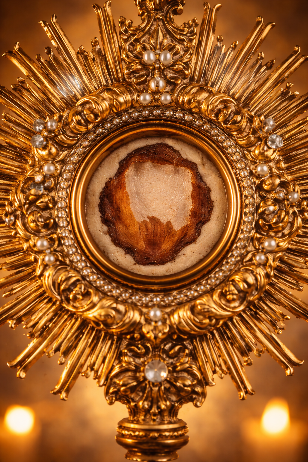 The Eucharistic host relic of the miracle of Lanciano, displayed in an ornate monstrance.