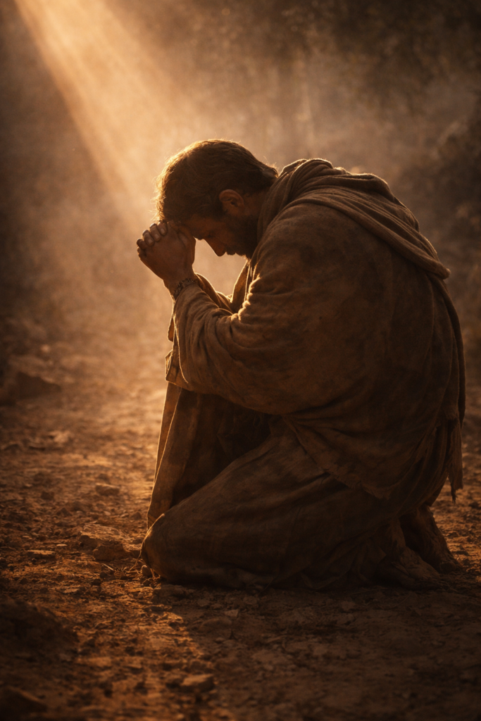 A man kneeling in prayer reflecting repentance during the season of Lent