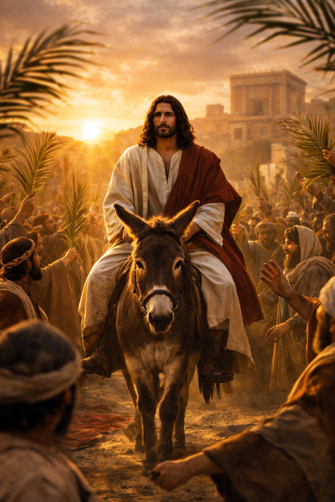 Jesus riding a donkey entering Jerusalem as a humble king surrounded by people waving palm branches