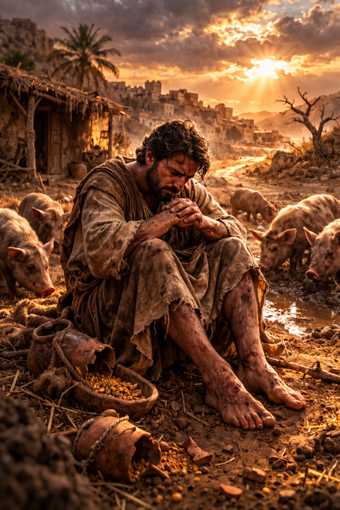 The prodigal son feeding pigs in a distant land realizing his mistakes