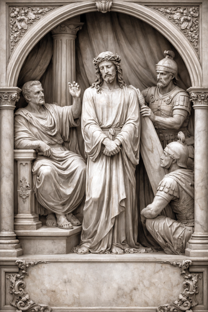 Way of the Cross – Fifth Friday of Lent Jesus is condemned to death by Pilate, marble bas relief sculpture