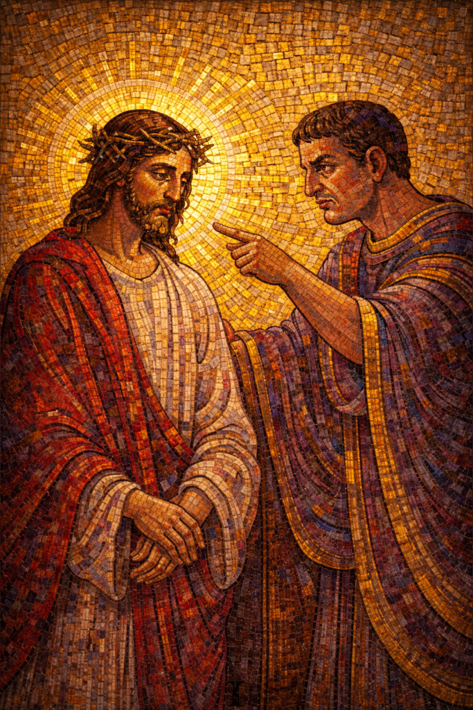 Station 1 Jesus is condemned to death Byzantine mosaic depiction of Pontius Pilate judging Jesus