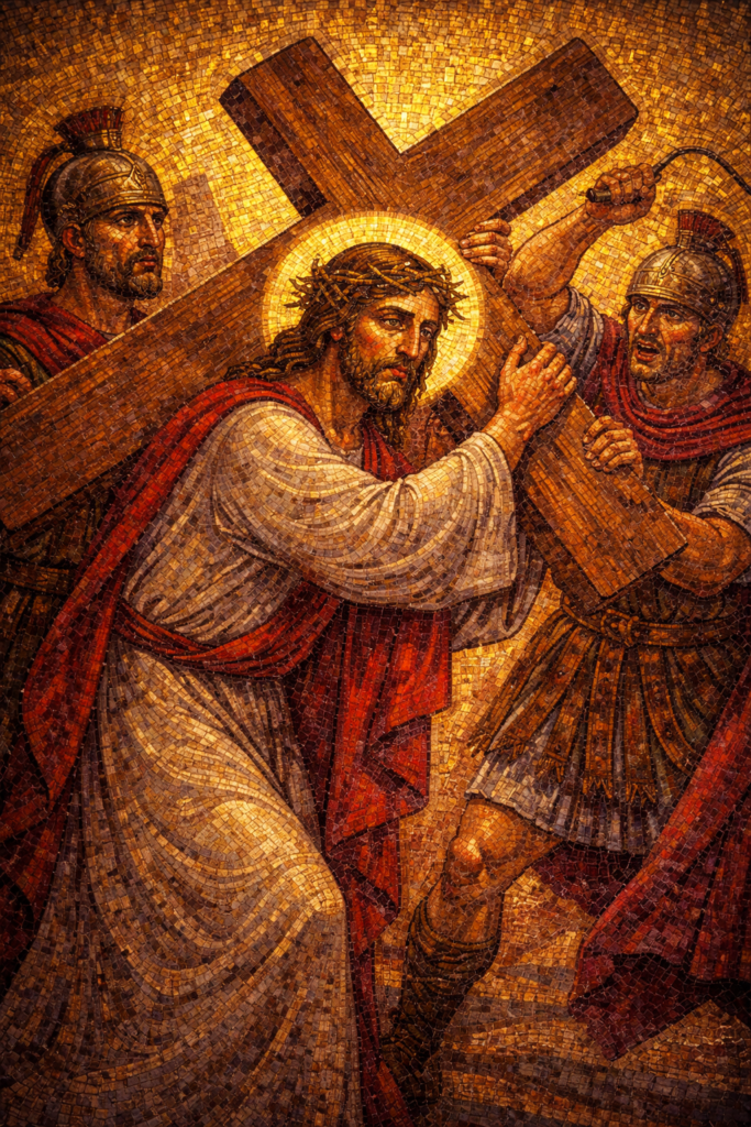 Station 2 Jesus takes up the cross Byzantine mosaic showing Jesus receiving the cross from Roman soldiers