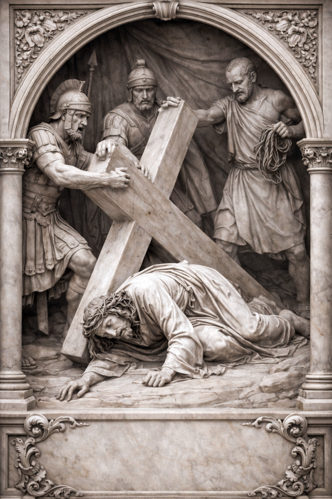 Way of the Cross – Fifth Friday of Lent Jesus falls the first time under the cross, marble sculpture