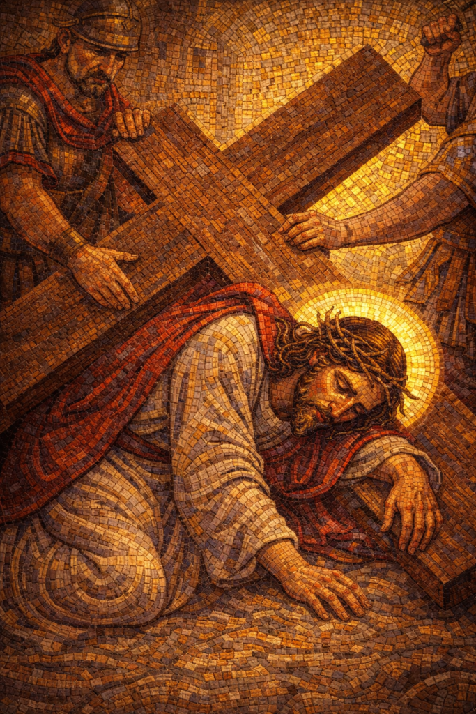 Station 3 Jesus falls the first time under the cross Byzantine mosaic scene of Christ falling on the road to Calvary