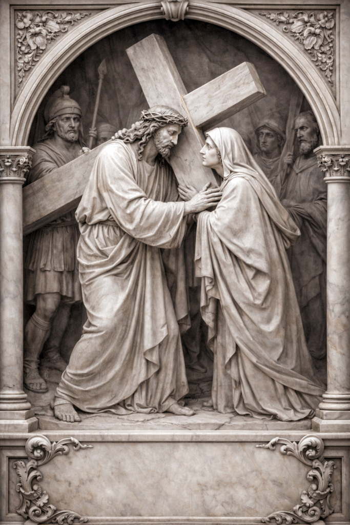 Way of the Cross – Fifth Friday of Lent Jesus meets His mother Mary, emotional marble relief