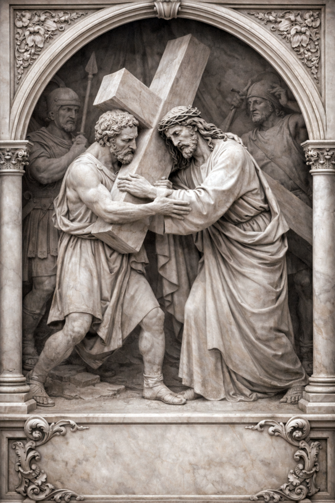 Way of the Cross – Fifth Friday of Lent Simon of Cyrene helps Jesus carry the cross, marble carving