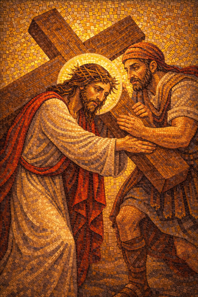 Station 5 Simon of Cyrene helps Jesus carry the cross Byzantine mosaic depicting Simon assisting Jesus