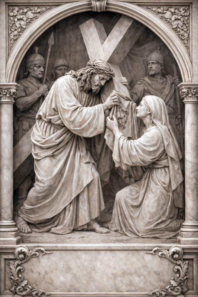 Way of the Cross – Fifth Friday of Lent Veronica wipes the face of Jesus, marble bas relief