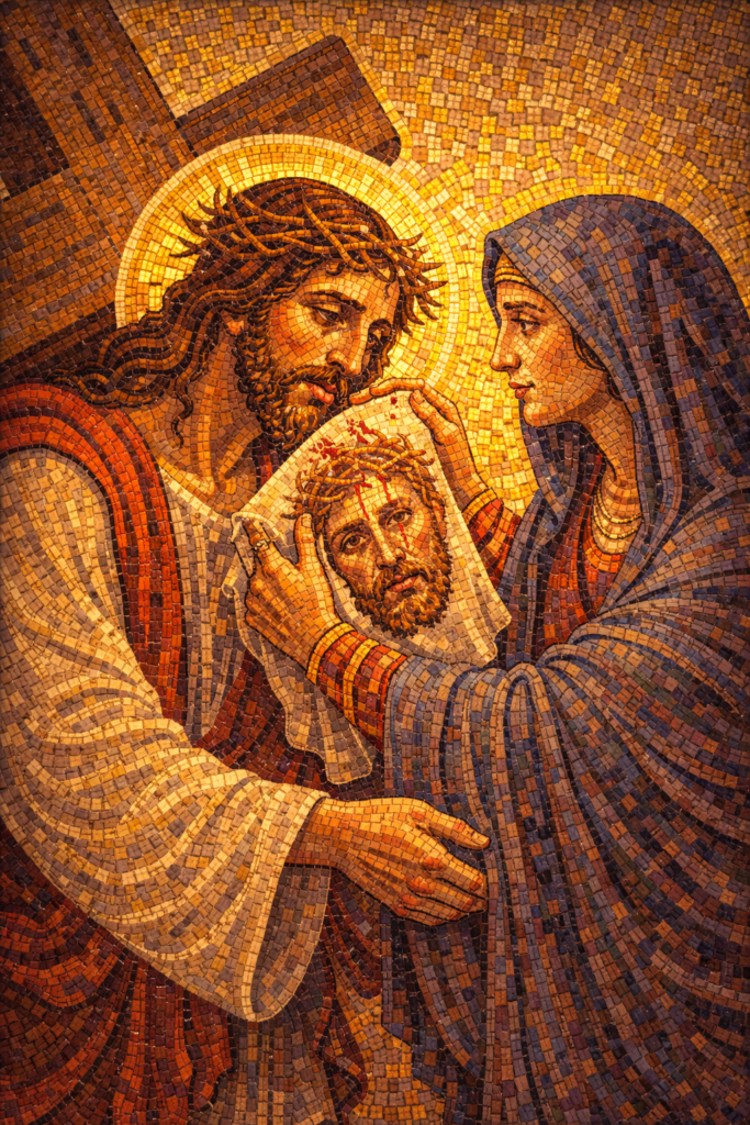 Station 6 Veronica wipes the face of Jesus Byzantine mosaic depicting Veronica showing compassion to Christ
