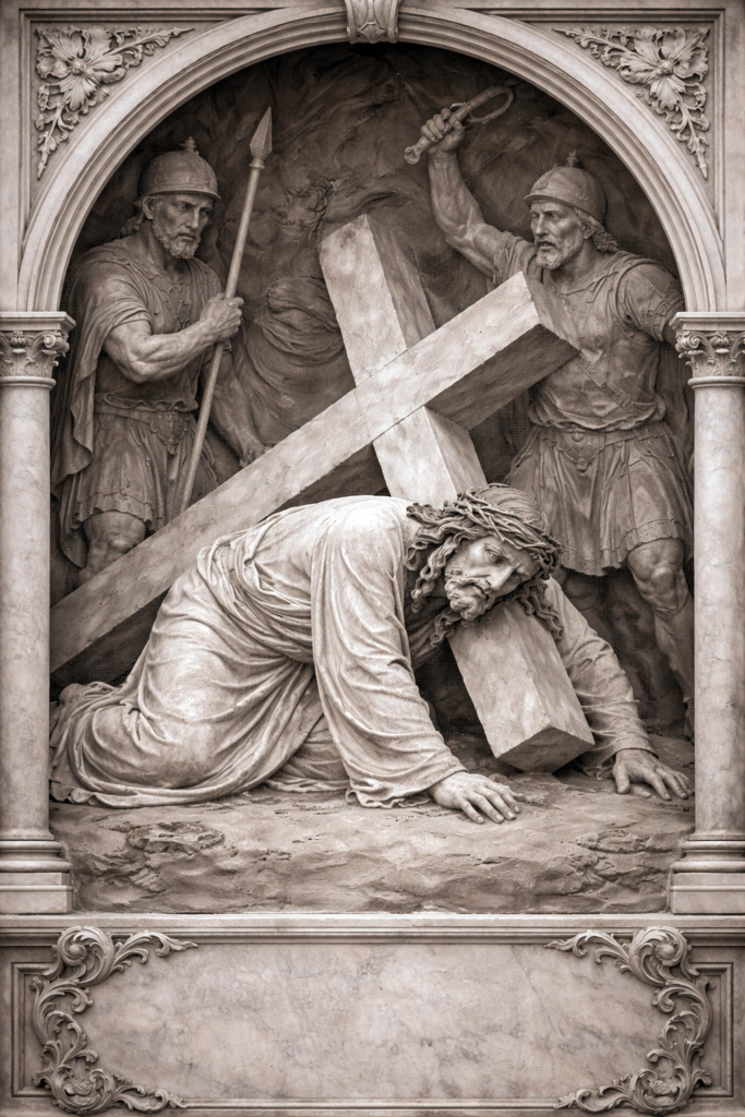 Way of the Cross – Fifth Friday of Lent Jesus falls the second time under the cross, marble artwork