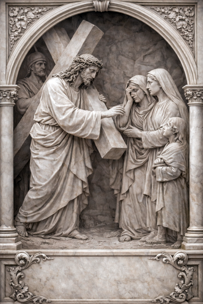 Way of the Cross – Fifth Friday of Lent Jesus meets the women of Jerusalem, marble relief sculpture