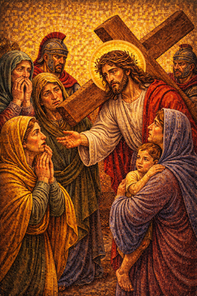 Station 8 Jesus meets the women of Jerusalem Byzantine mosaic showing Christ speaking to the women who mourn for him