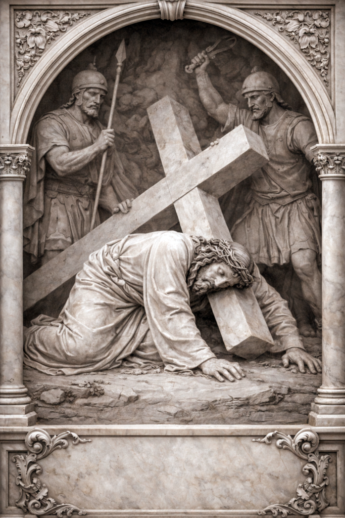 Way of the Cross – Fifth Friday of Lent Jesus falls the third time under the cross, marble sculpture