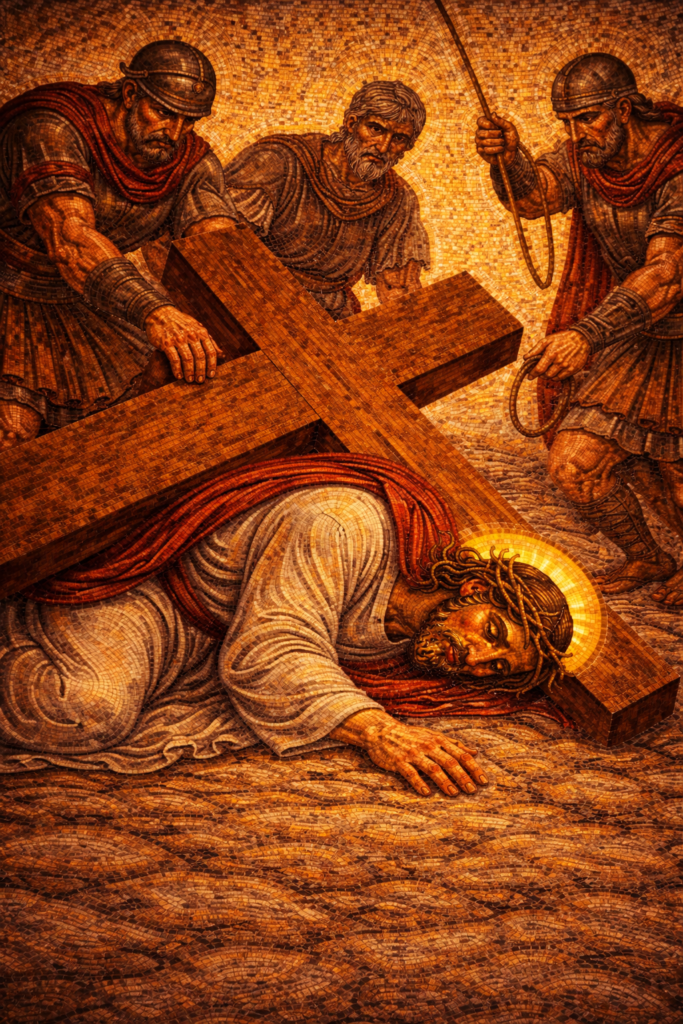 Station 9 Jesus falls the third time Byzantine mosaic showing Christ collapsing again under the cross