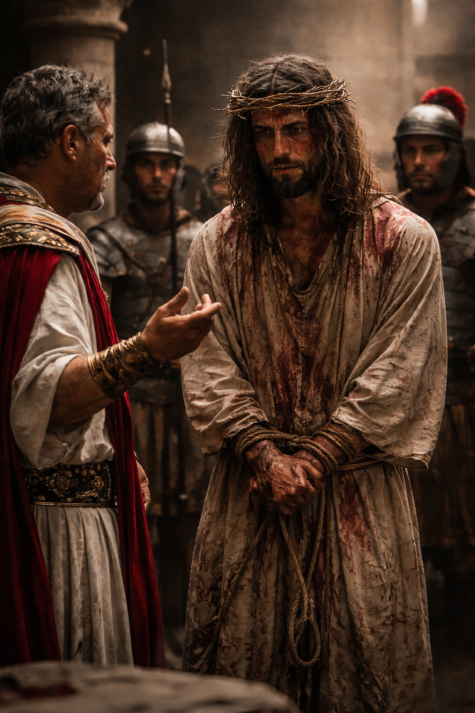 Station 1 – Jesus is condemned to death by Pontius Pilate while the crowd watches in Jerusalem