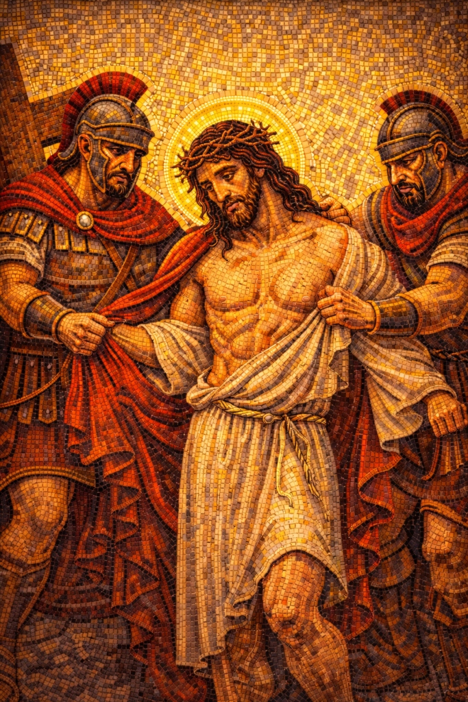 Station 10 Jesus is stripped of his garments Byzantine mosaic scene showing Roman soldiers removing the garments of Christ