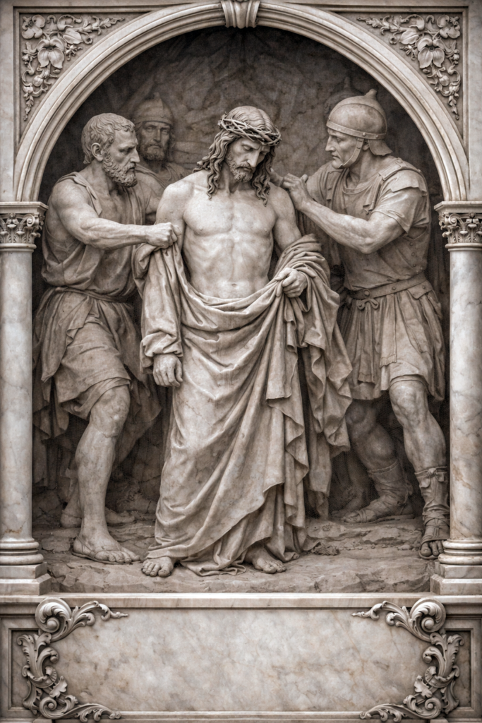 Way of the Cross – Fifth Friday of Lent Jesus is stripped of His garments, marble bas relief