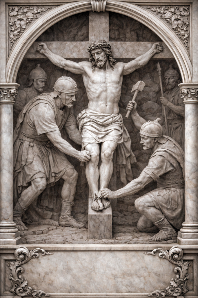 Way of the Cross – Fifth Friday of Lent Jesus is nailed to the cross, detailed marble sculpture