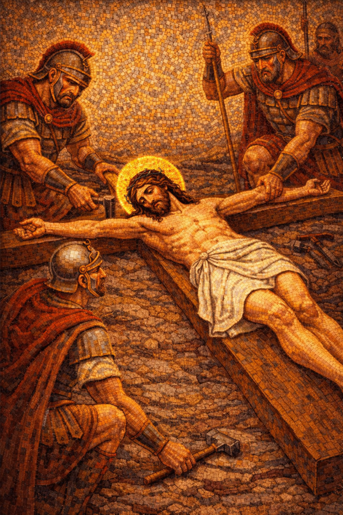 Station 11 Jesus is nailed to the cross Byzantine mosaic showing Christ placed on the wooden cross before crucifixion